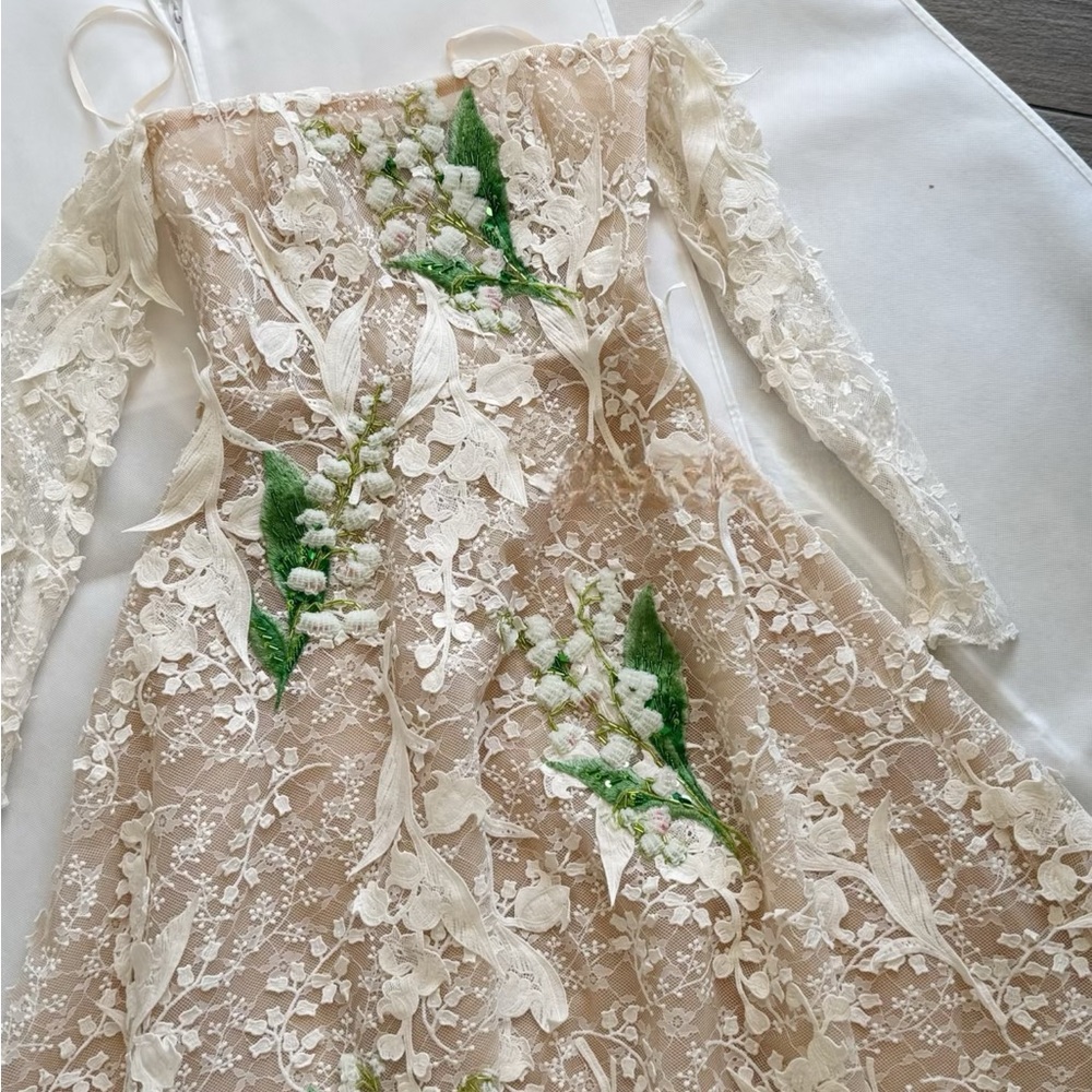 Ivory Lace Wedding Dress with Green Floral Embroidery